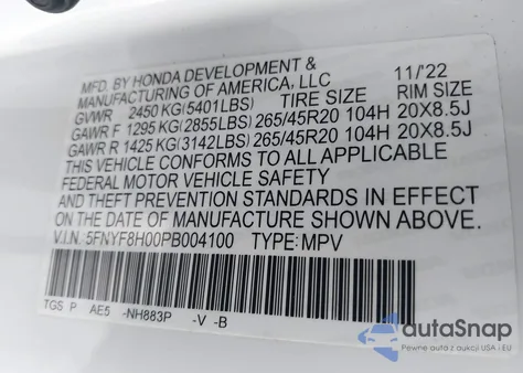 2023 Honda Passport Awd Elite из США, поврежденный, VIN 5FNYF8H00PB004100